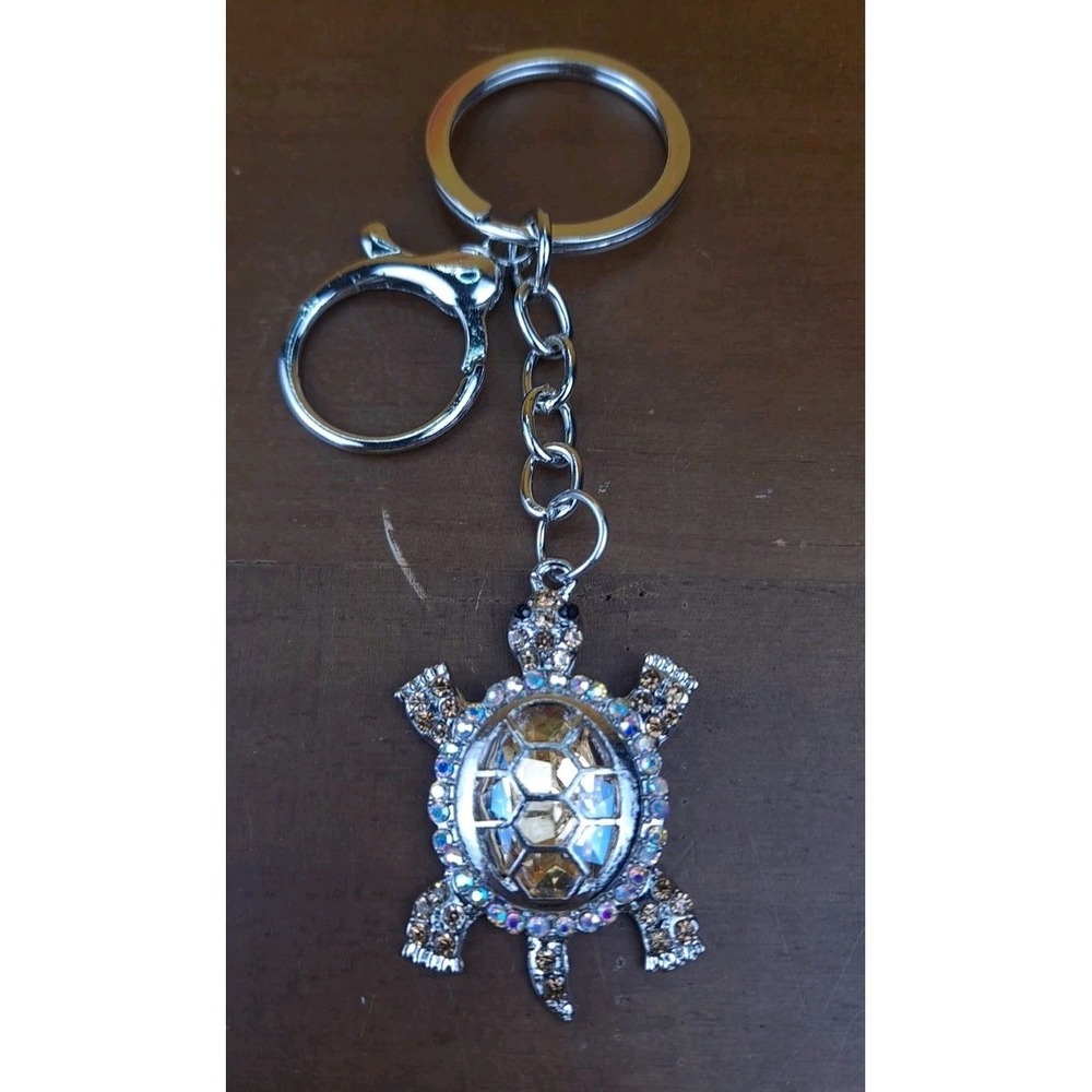 Turtle Gold Rhinestone Crystal Silver Tone Keychain Backpack Purse Clip‎